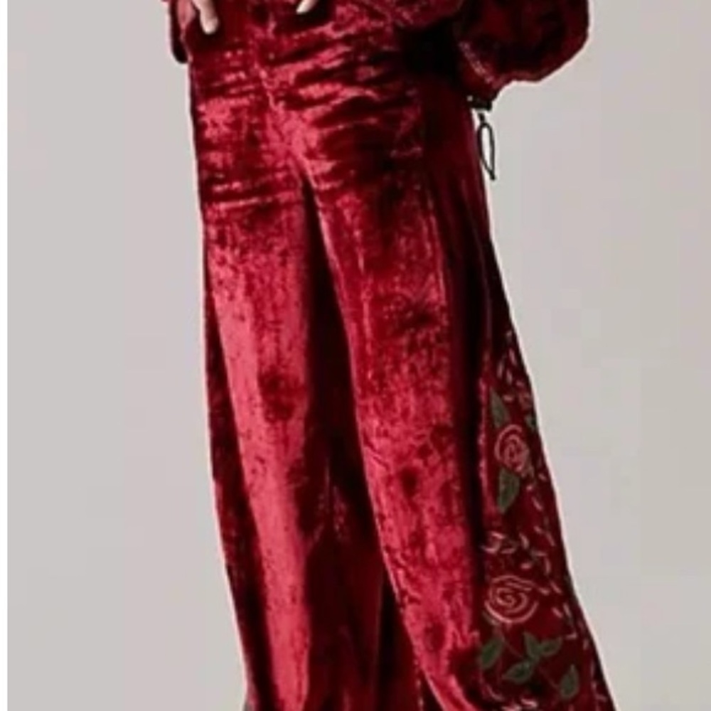 NWT FREE PEOPLE ANNA SUI COLAB ROSE GARDEN EMBROIDERED TROUSERS - Picture 1 of 3